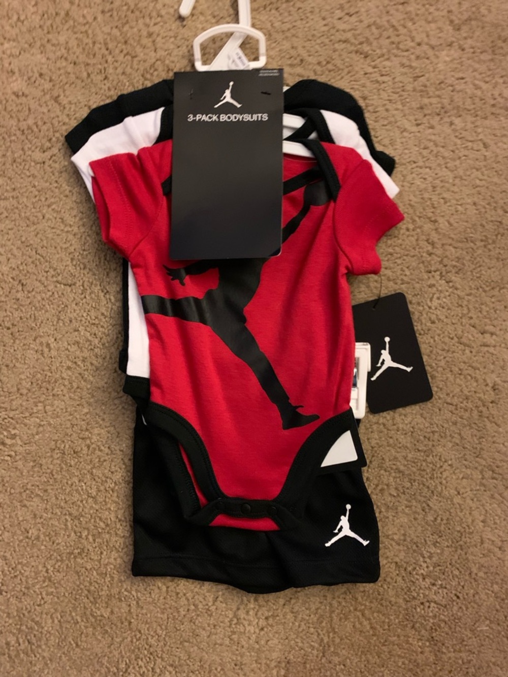 4 piece Jordan 3-Pack Baby Bodysuits in Red, Black & White with black shorts